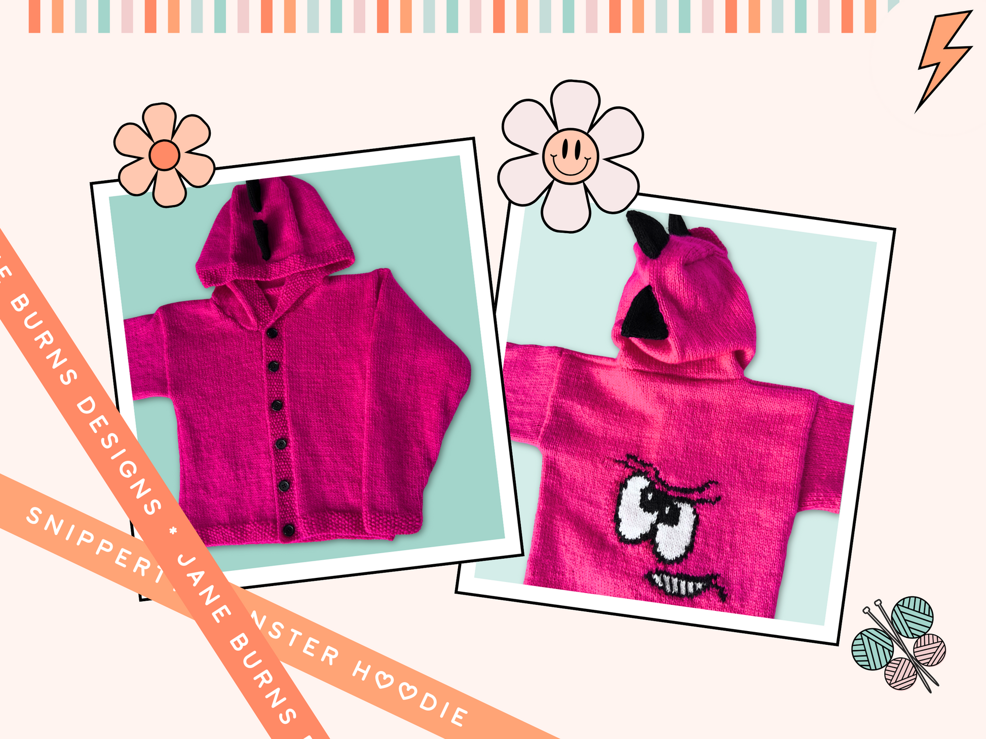 Pink knitted hoodie with cartoon face design on the back and black spikes on the hood, knitting pattern for kids hooded cardigan jane burns