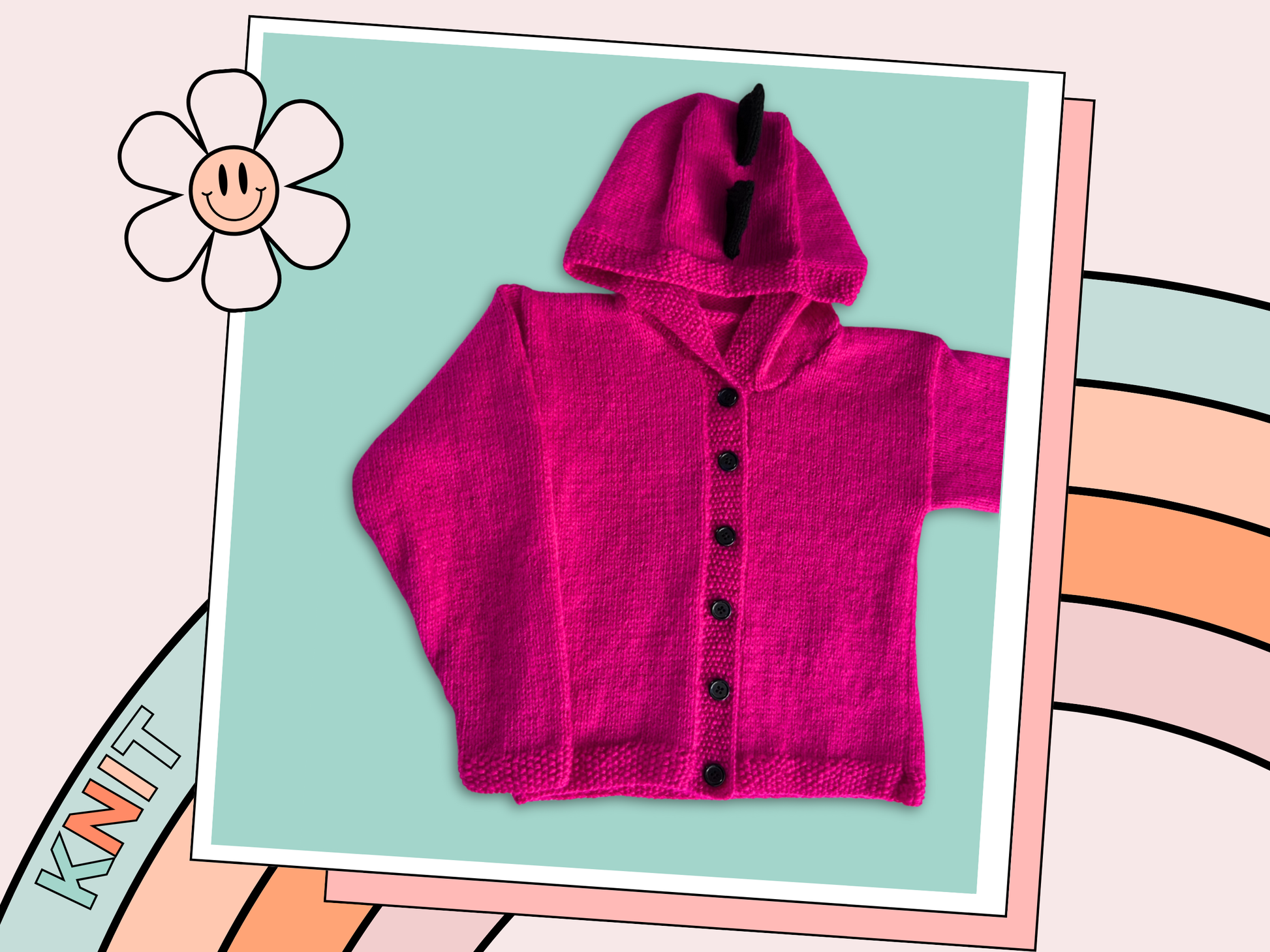 Pink knitted hoodie with cartoon face design on the back and black spikes on the hood, knitting pattern for kids hooded cardigan jane burns