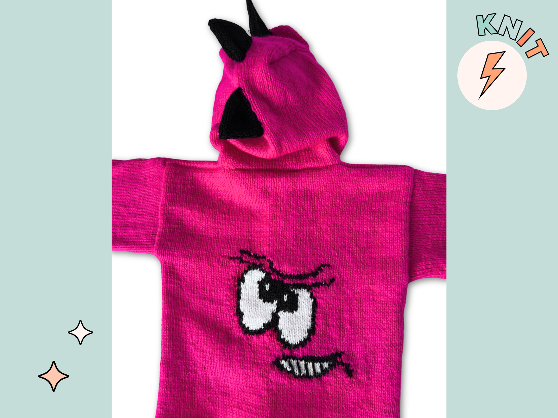 Pink knitted hoodie with cartoon face design on the back and black spikes on the hood, knitting pattern for kids hooded cardigan jane burns