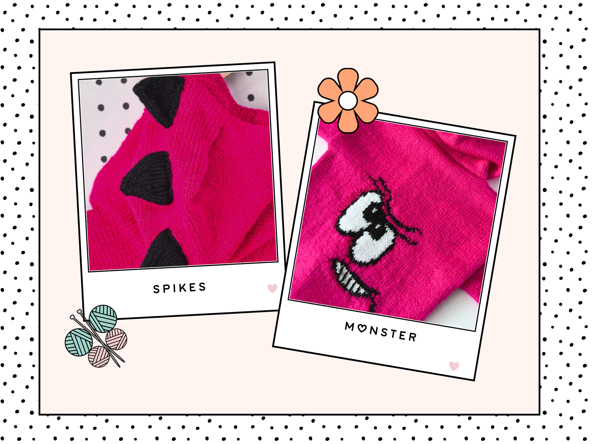 Pink knitted hoodie with cartoon face design on the back and black spikes on the hood, knitting pattern for kids hooded cardigan jane burns