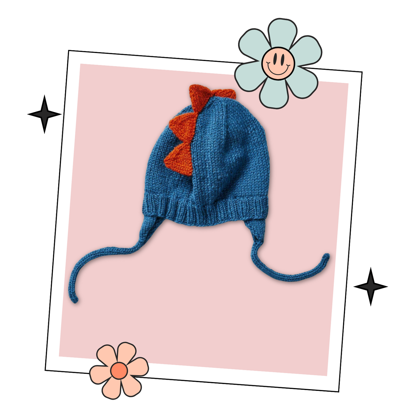Knitted dinosaur hat and gloves set on a mannequin head. Teal trapper style hat with earflaps and chin strap with copper spikes running from front to back of hat. matching fingerless mittnes with small copper spikes running down the front of the hand. Knitting pattern by jane burns
