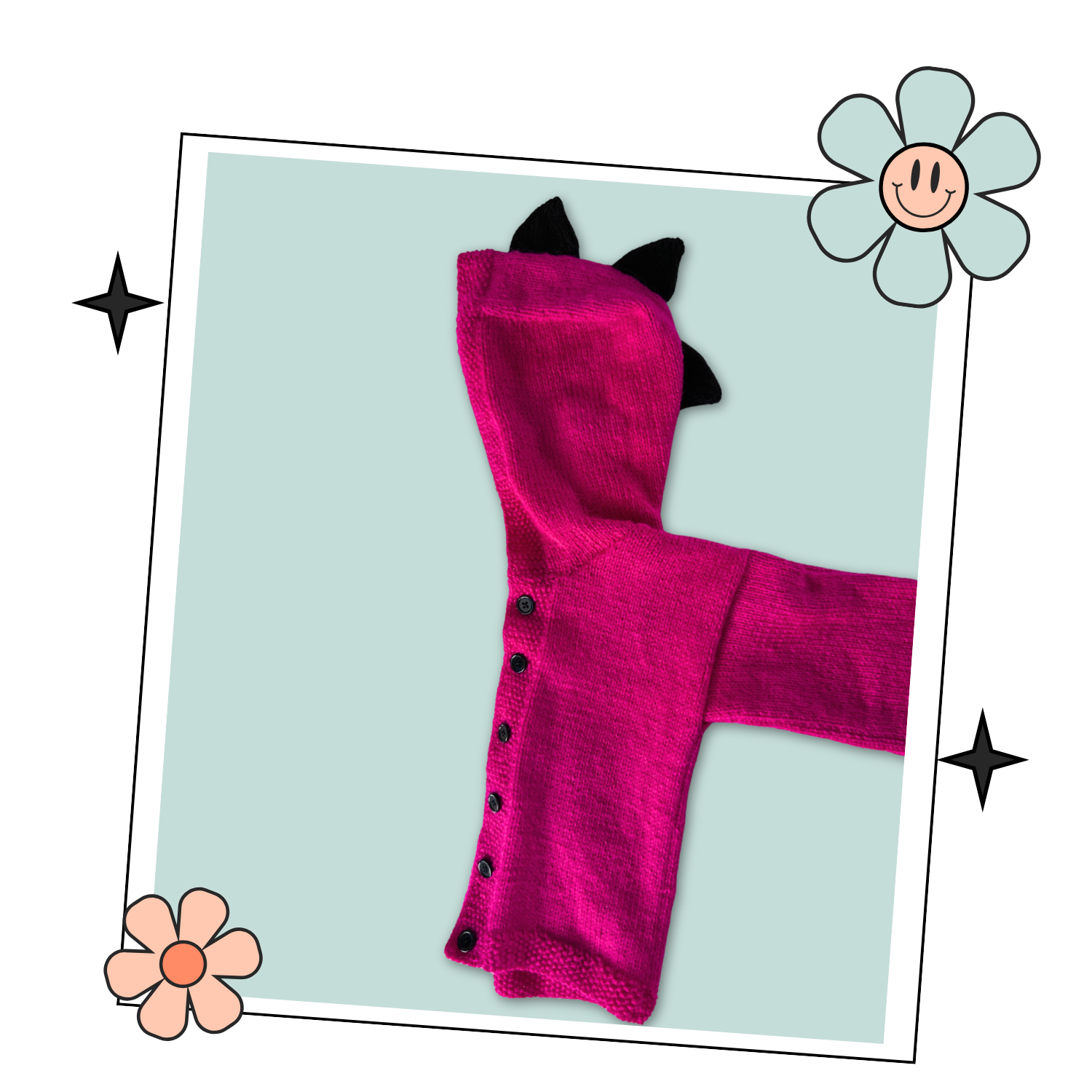 Pink knitted hoodie with cartoon face design on the back and black spikes on the hood, knitting pattern for kids hooded cardigan jane burns