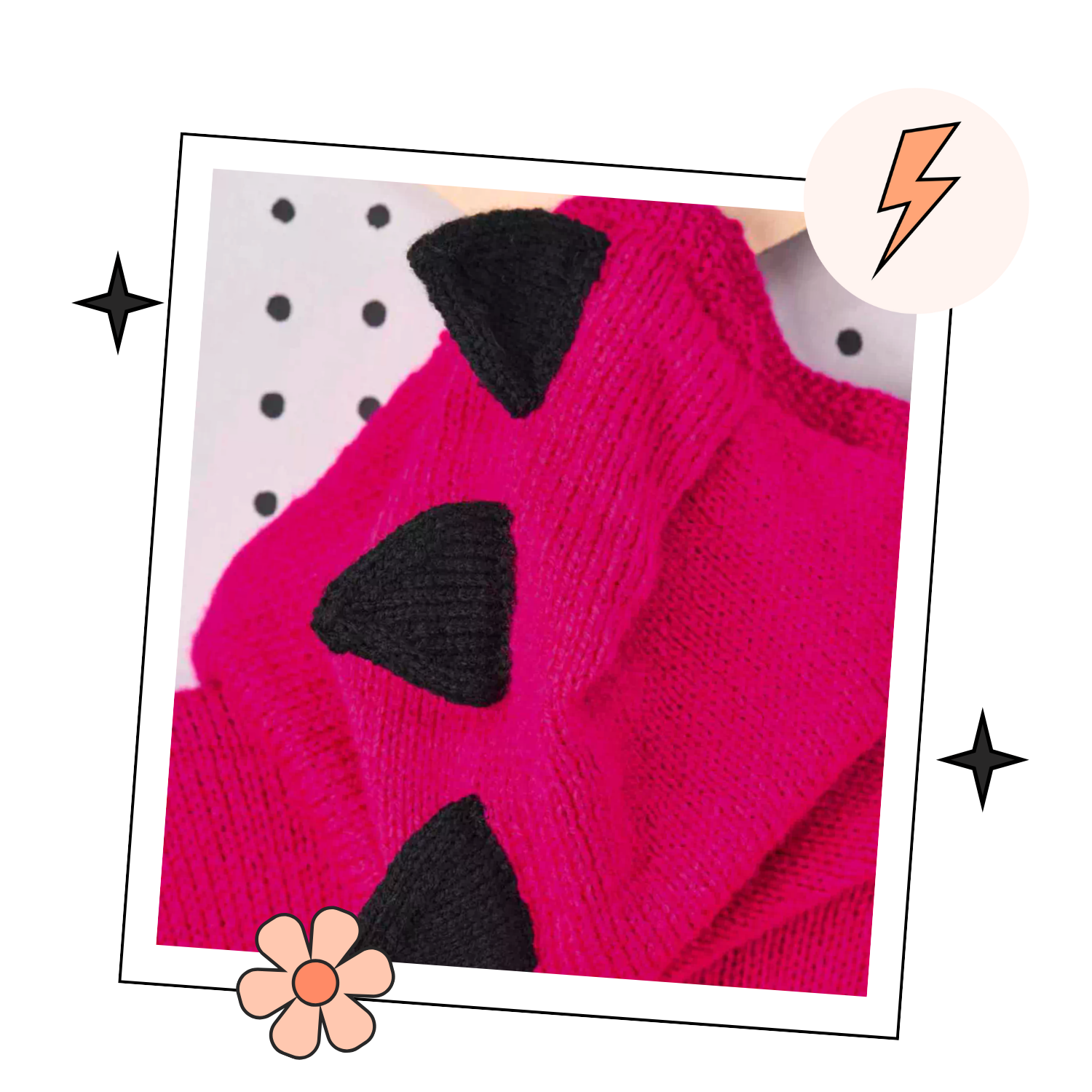 Pink knitted hoodie with cartoon face design on the back and black spikes on the hood, knitting pattern for kids hooded cardigan jane burns