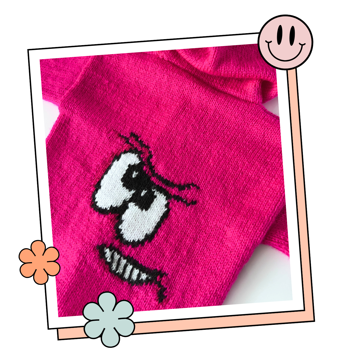 Pink knitted hoodie with cartoon face design on the back and black spikes on the hood, knitting pattern for kids hooded cardigan jane burns