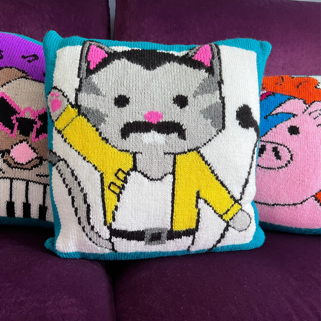 Freddie Purrcury Cat Cushion, Music Pun Intarsia Cushion - Knitting Pattern
