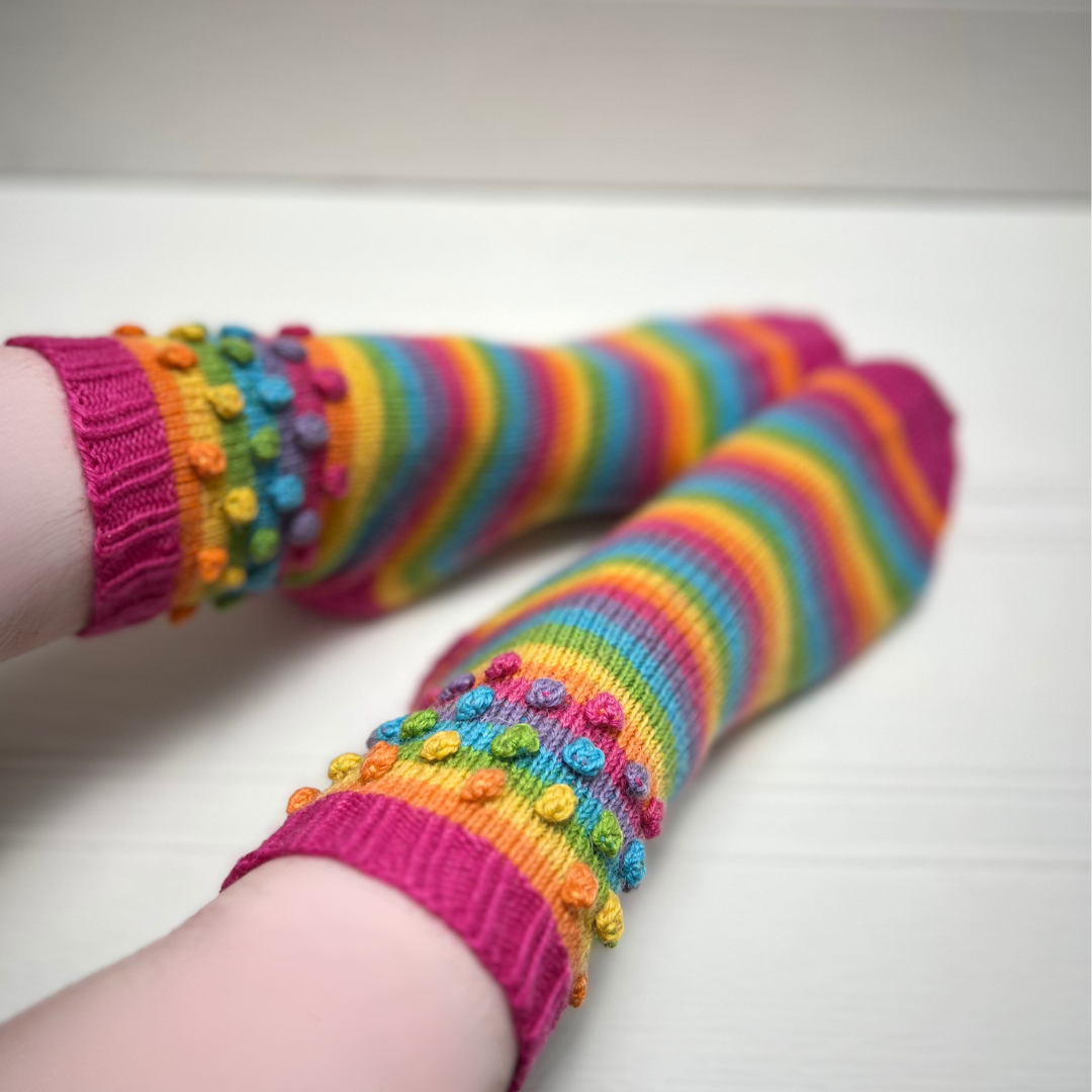 Bubblicious Socks, Simple Self Striping Socks with Bobbles - Knitting Pattern - SocksJane Burns Designs