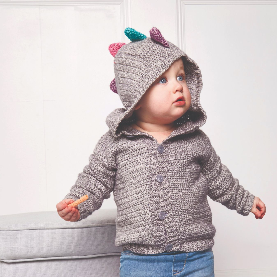 crochet pattern for baby crochet hooded cardigan with dino dinosaur spikes, hood, tail, crochet pattern, jane burns, download