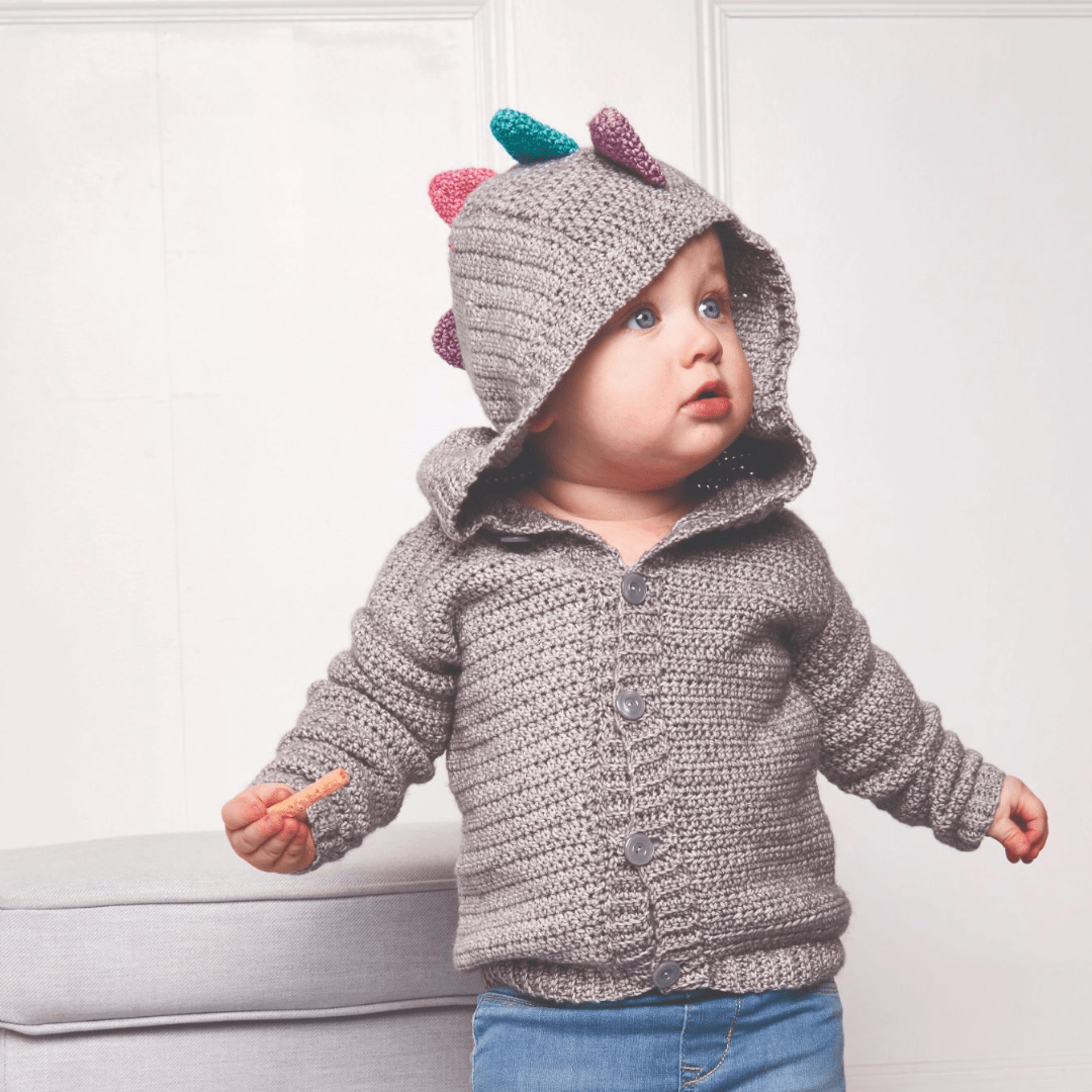 Roary Dinosaur Crochet Hooded Cardigan, Kids Dinosaur Hoodie - Crochet Pattern - GarmentsJane Burns Designs