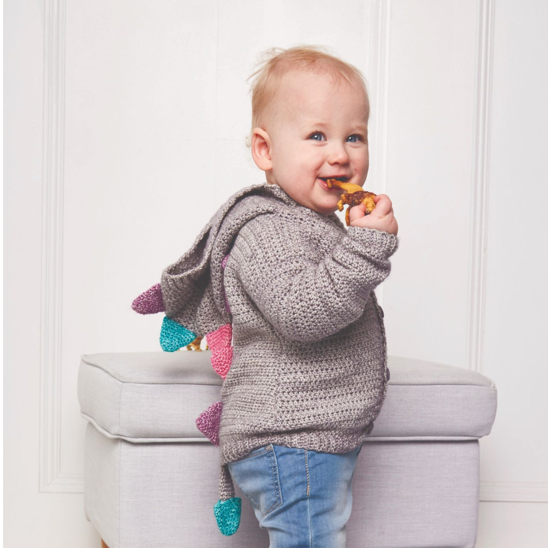 crochet pattern for baby crochet hooded cardigan with dino dinosaur spikes, hood, tail, crochet pattern, jane burns, download