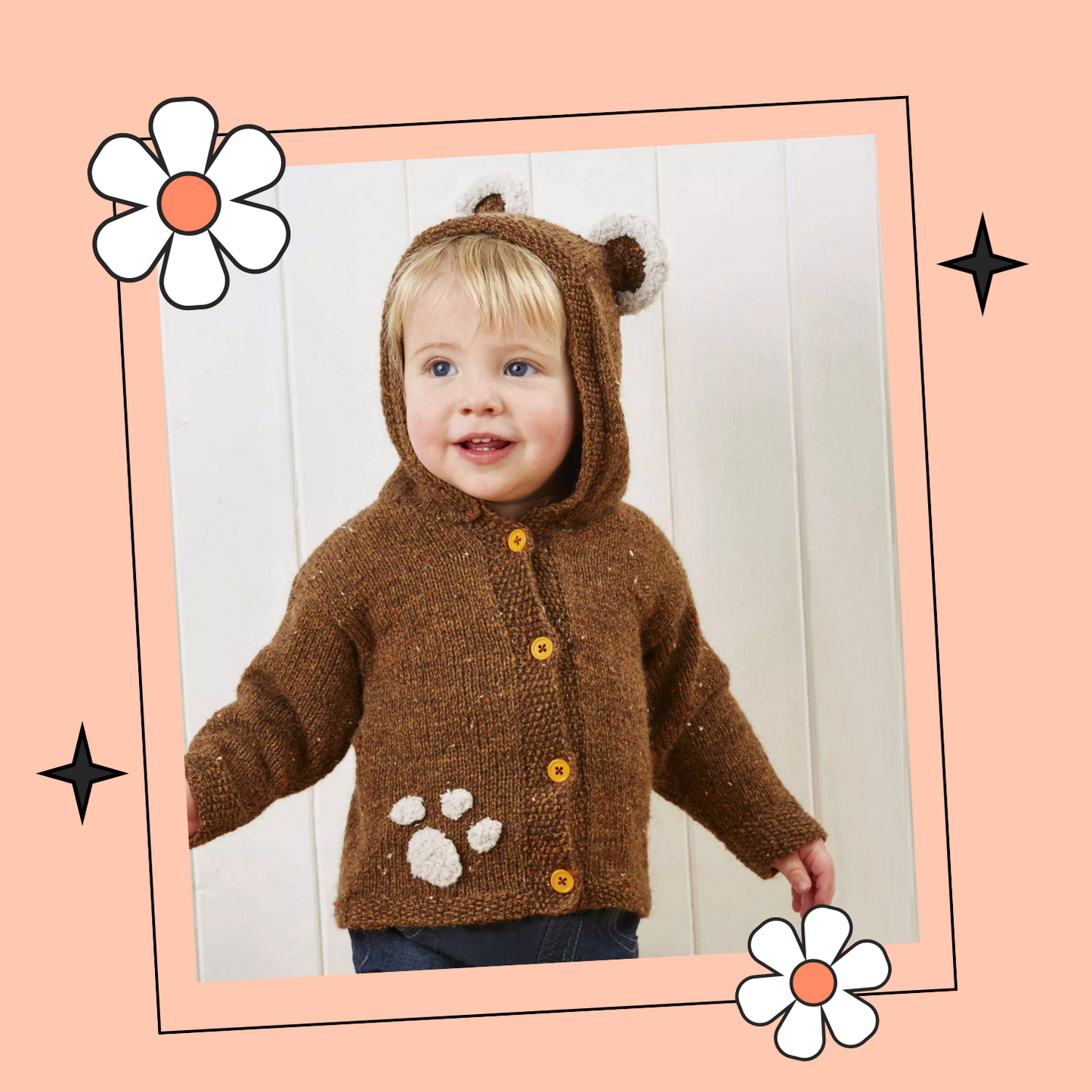 barnaby bear, baby teddy bear hooded cardigan, knitting pattern with ears and paw print, pdf download  jane burns