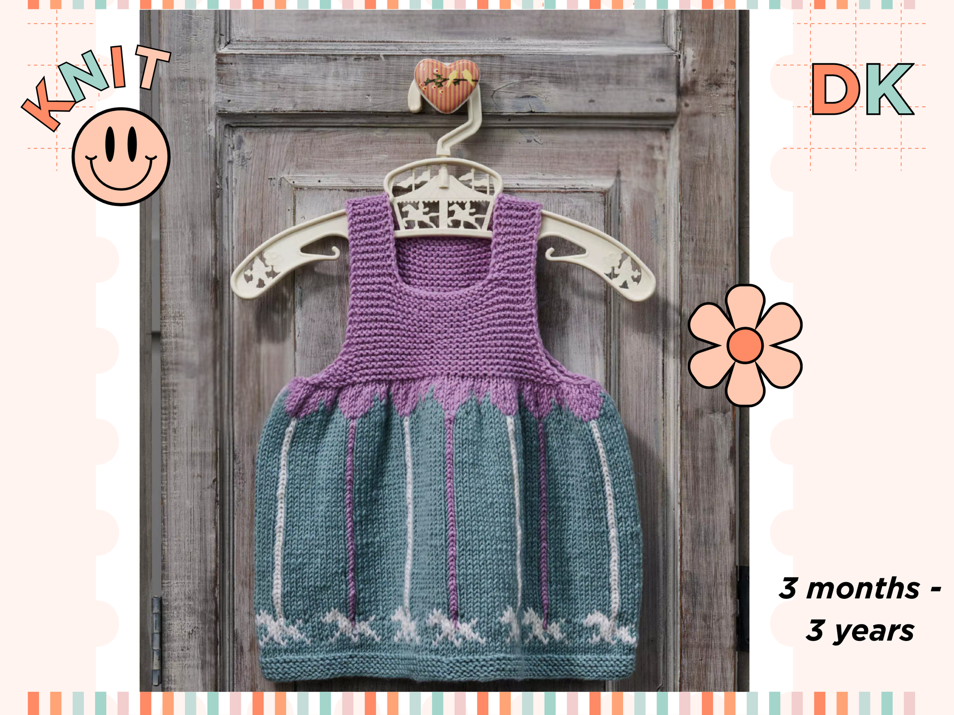 baby and toddler knitted pinafore dress with garter stitch bodice in lilac and a mint green skirt with carousel merry go round poles and horses galloping around the bottom of the skirt, pdf knitting pattern download by jane burns
