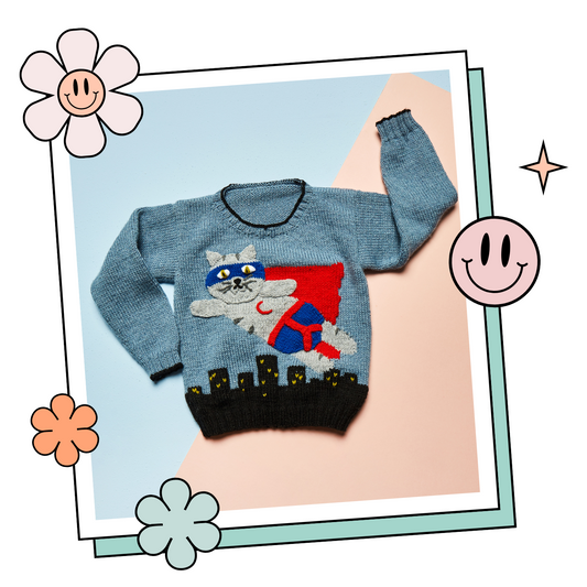 frank super hero cat kids jumper knitting pattern, cat sweater knitting pattern pdf