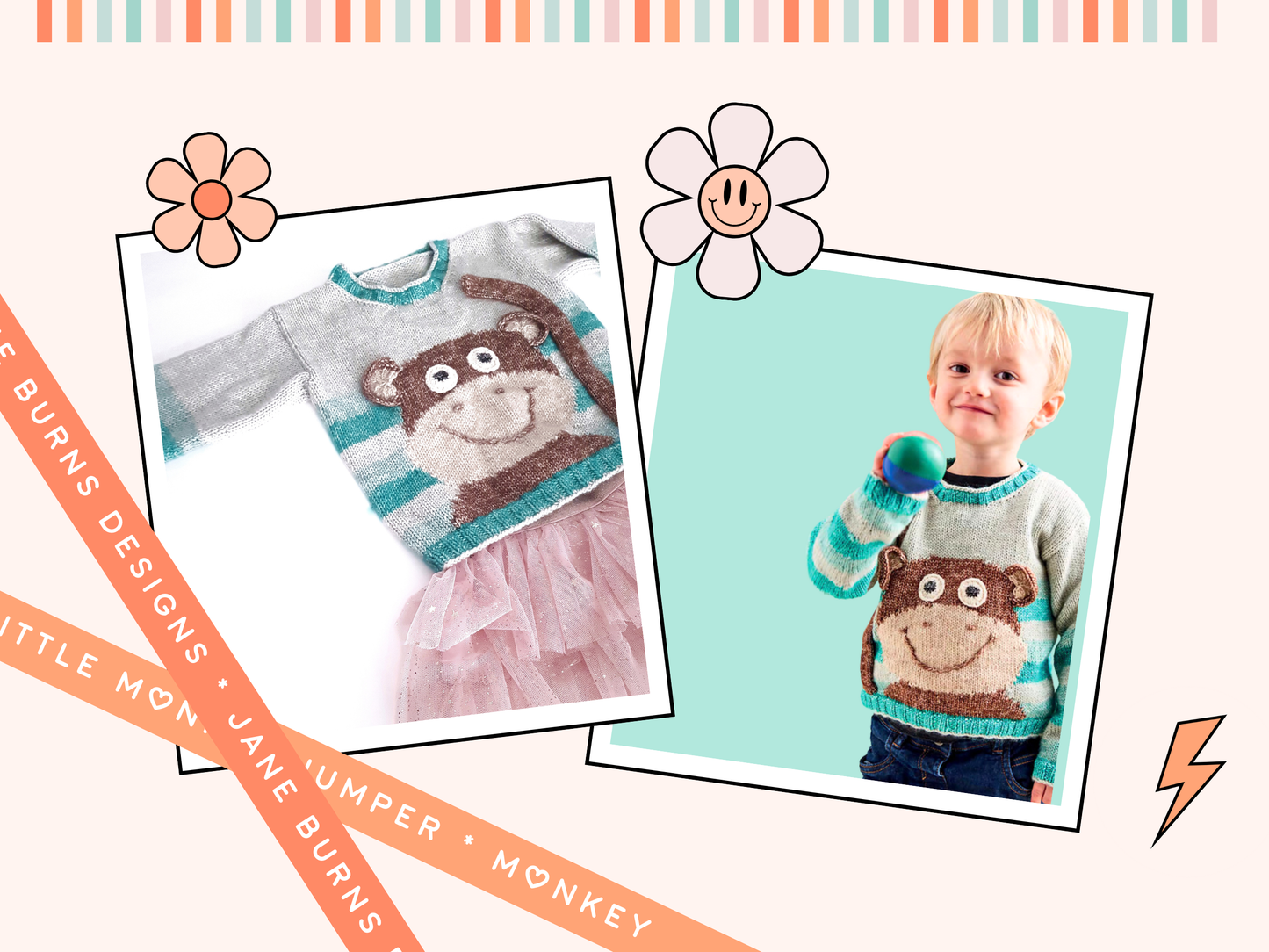 Cheeky Little Monkey Sweater, Simple Kids Intarsia Jumper -  Knitting Pattern