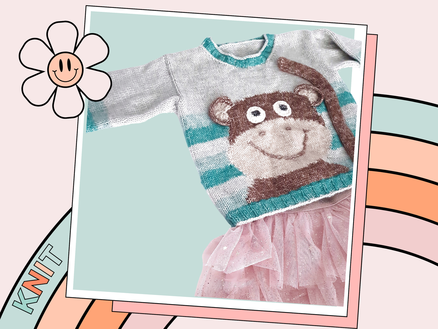 Cheeky Little Monkey Sweater, Simple Kids Intarsia Jumper -  Knitting Pattern