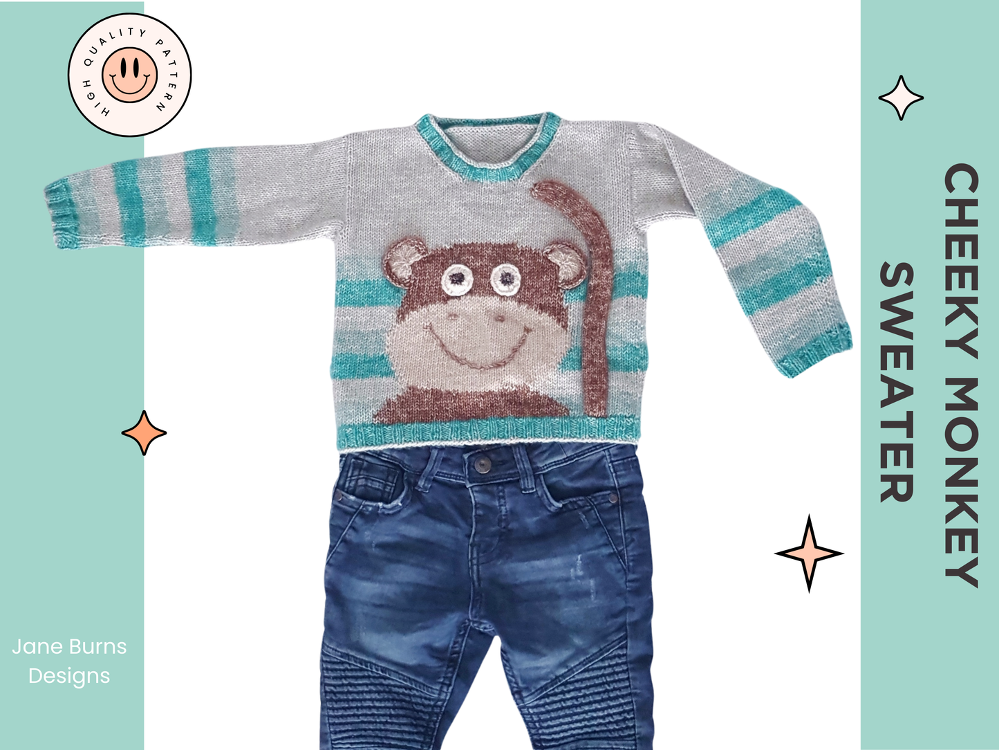 Cheeky Little Monkey Sweater, Simple Kids Intarsia Jumper -  Knitting Pattern