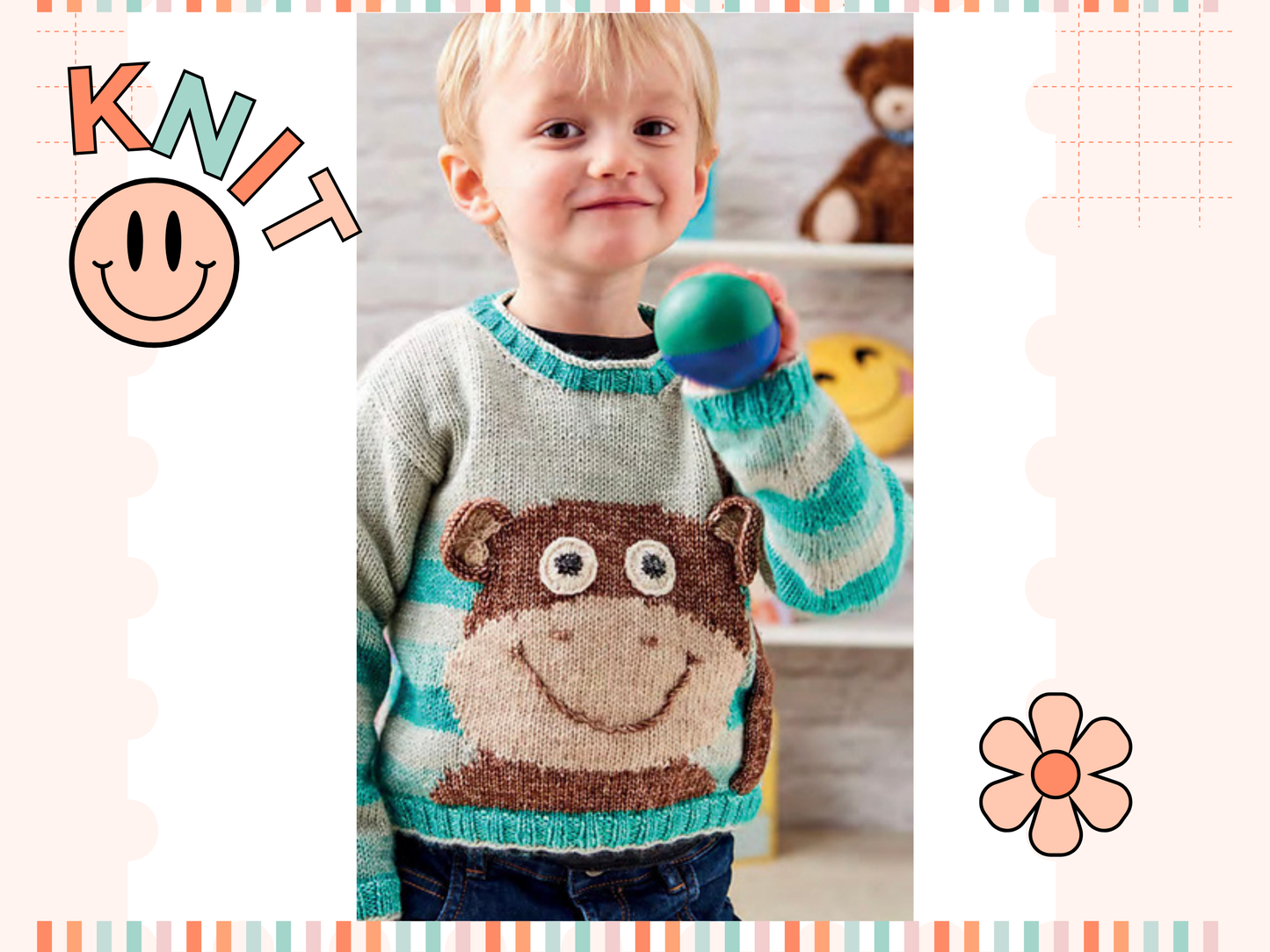 Cheeky Little Monkey Sweater, Simple Kids Intarsia Jumper -  Knitting Pattern