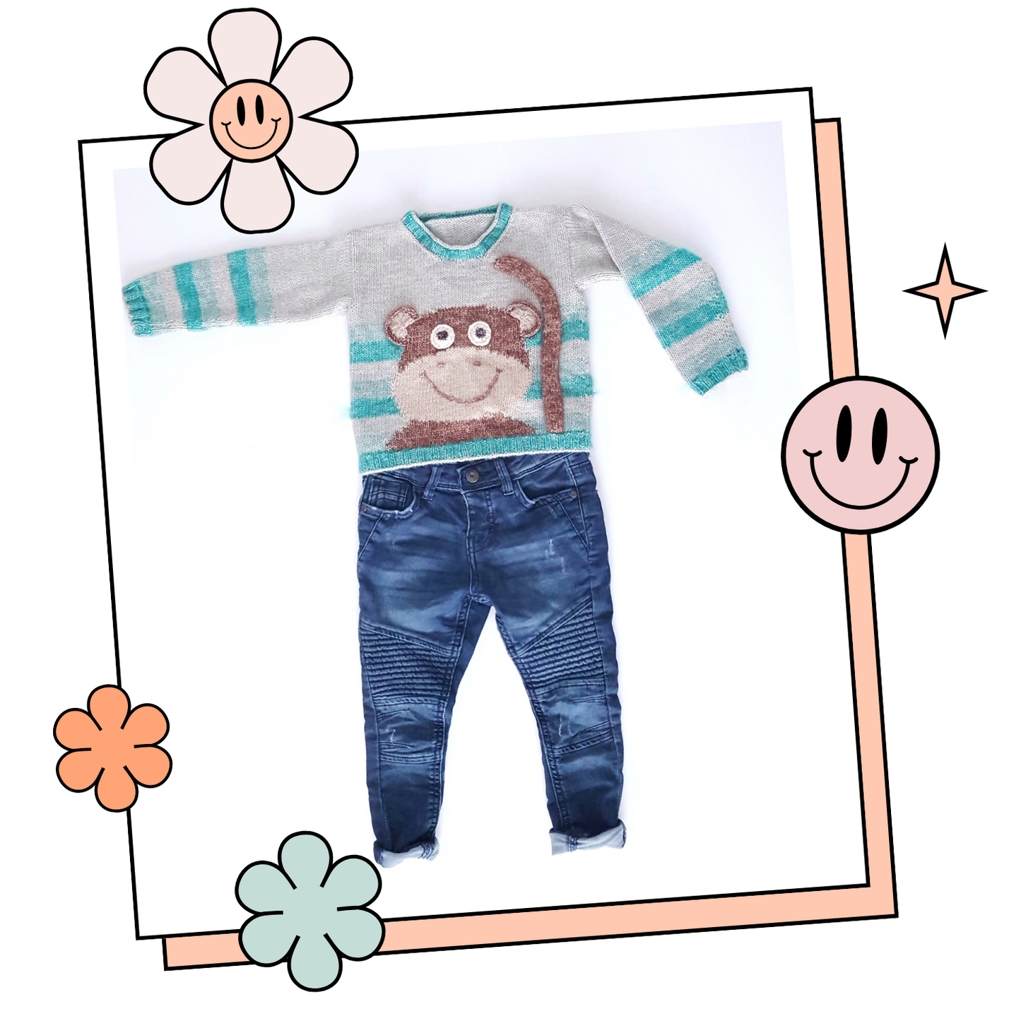 Cheeky Little Monkey Sweater, Simple Kids Intarsia Jumper -  Knitting Pattern