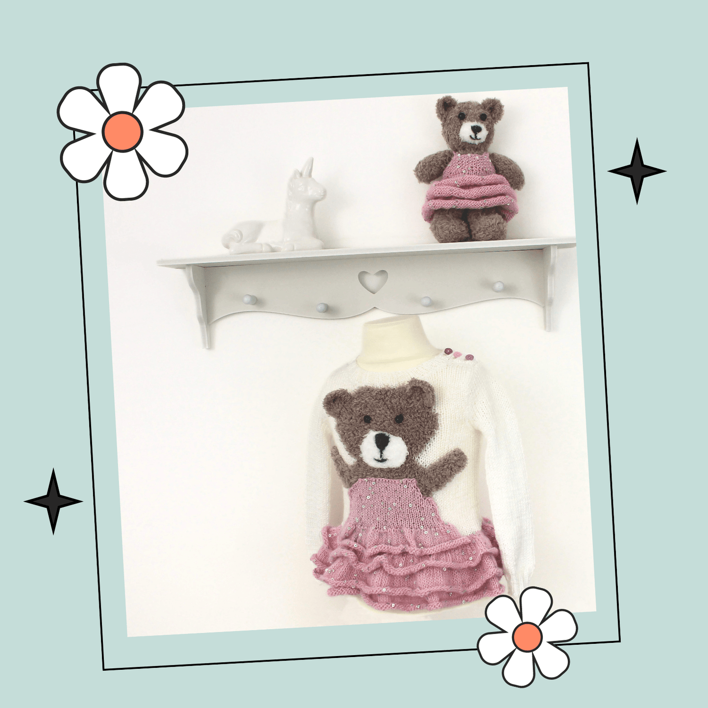Ballerina Bear Sweater Knitting Pattern PDF download - Kids Ballet Jumper with Teddy Toy - GarmentsJane Burns Designs