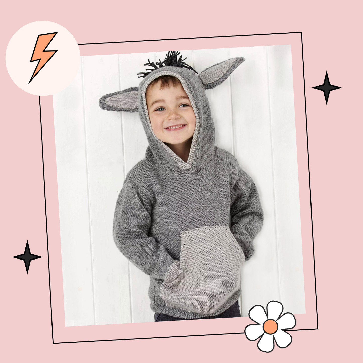 grey knitted hooded sweater with light grey kangaroo style pocket on the front, large donkey ears and a black mane create this cute donkey hoodie knitting pattern by jane burns