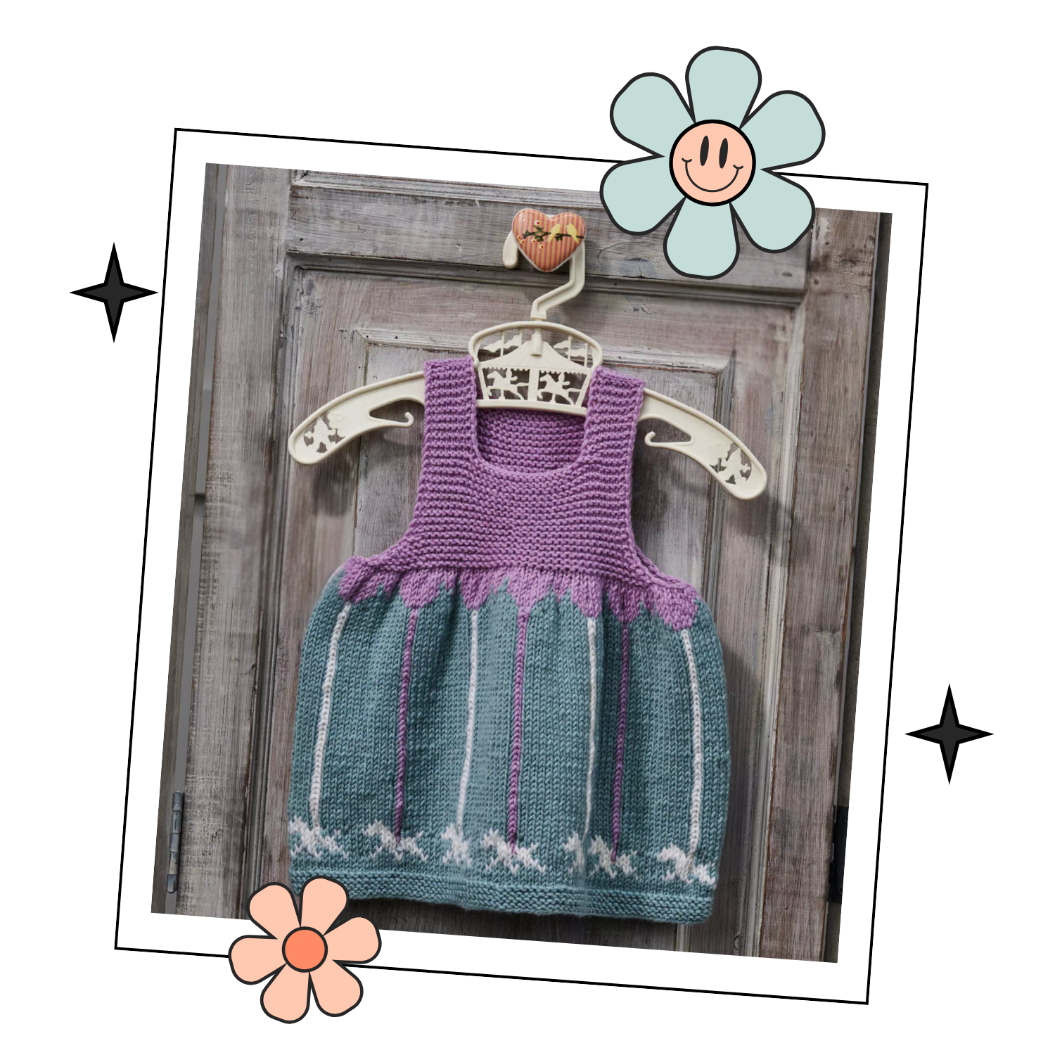 baby and toddler knitted pinafore dress with garter stitch bodice in lilac and a mint green skirt with carousel merry go round poles and horses galloping around the bottom of the skirt, pdf knitting pattern download by jane burns