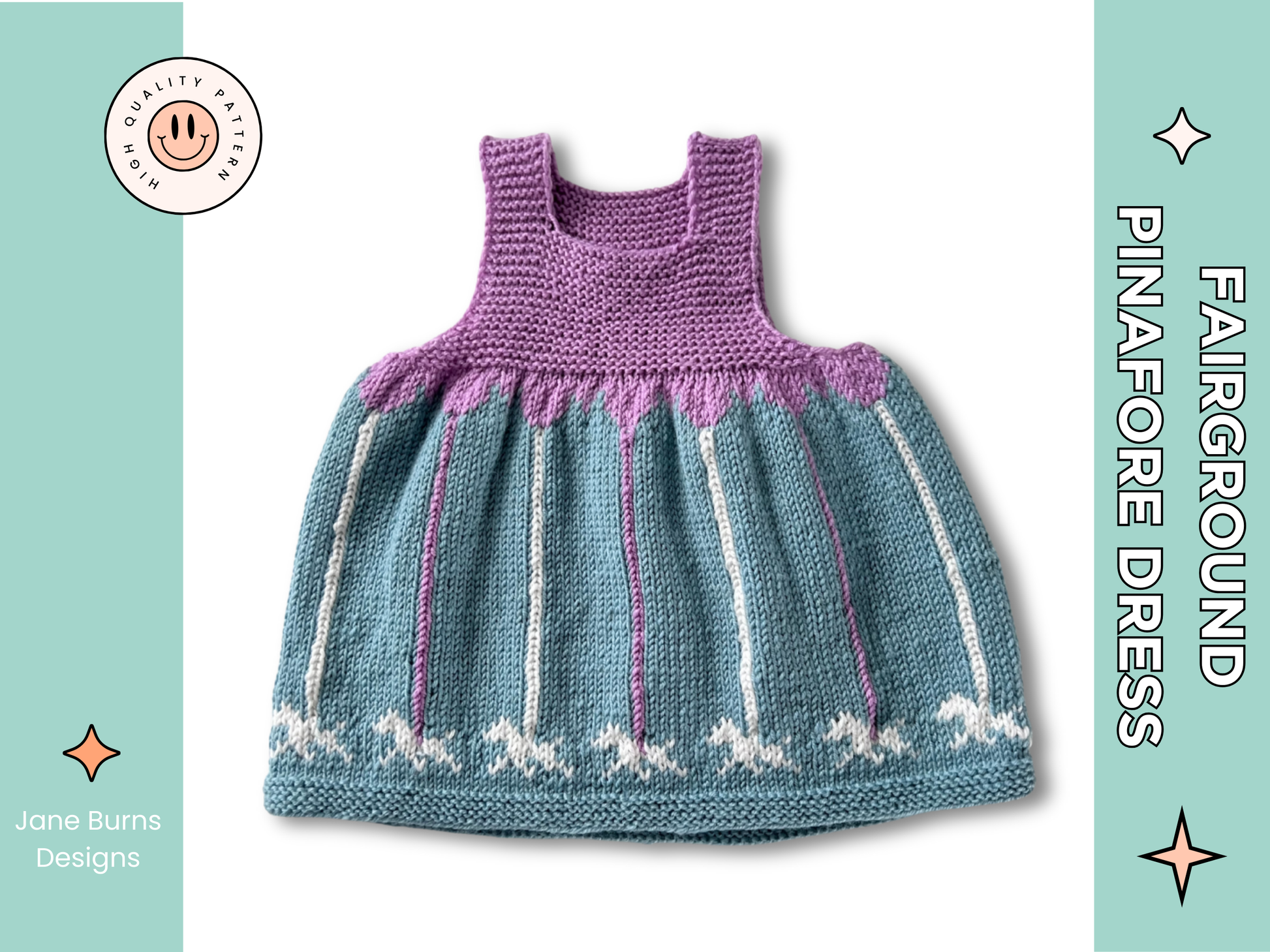 baby and toddler knitted pinafore dress with garter stitch bodice in lilac and a mint green skirt with carousel merry go round poles and horses galloping around the bottom of the skirt, pdf knitting pattern download by jane burns