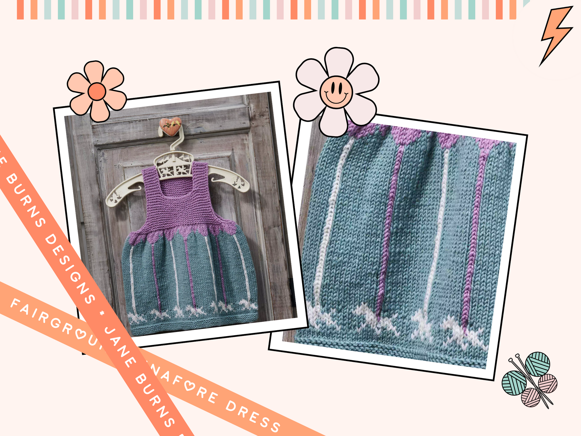 baby and toddler knitted pinafore dress with garter stitch bodice in lilac and a mint green skirt with carousel merry go round poles and horses galloping around the bottom of the skirt, pdf knitting pattern download by jane burns