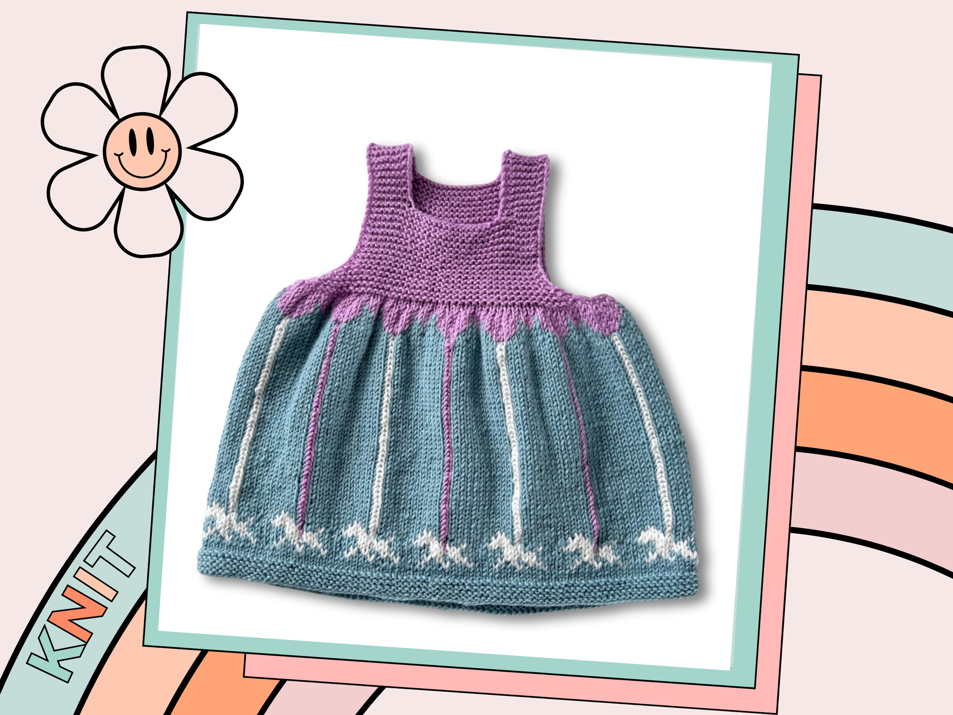 baby and toddler knitted pinafore dress with garter stitch bodice in lilac and a mint green skirt with carousel merry go round poles and horses galloping around the bottom of the skirt, pdf knitting pattern download by jane burns