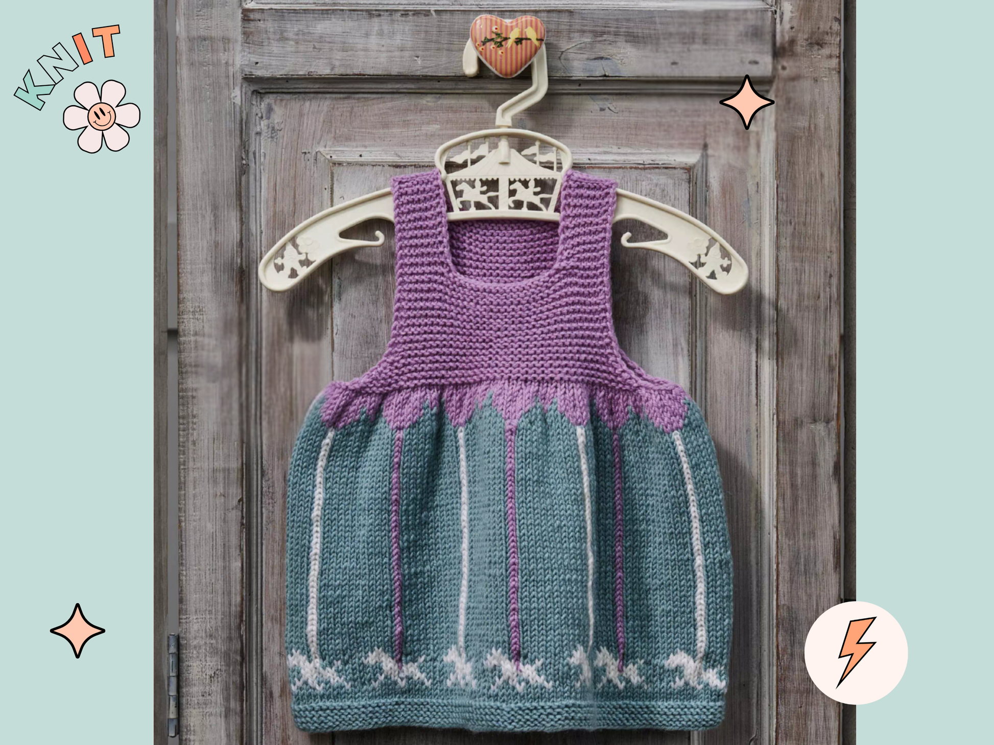 baby and toddler knitted pinafore dress with garter stitch bodice in lilac and a mint green skirt with carousel merry go round poles and horses galloping around the bottom of the skirt, pdf knitting pattern download by jane burns