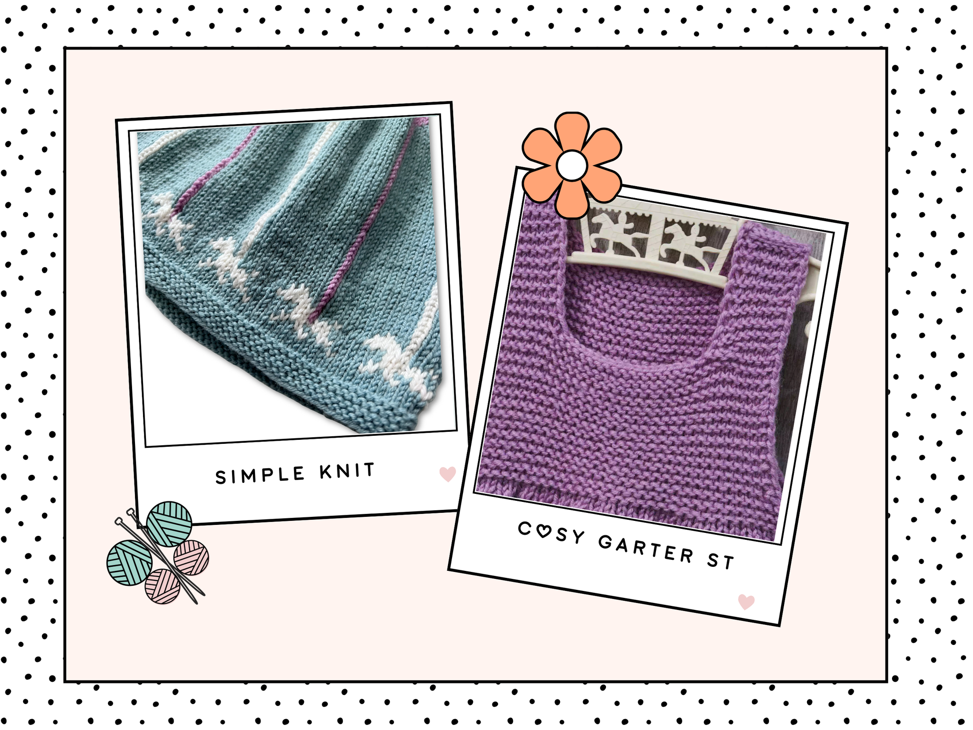 baby and toddler knitted pinafore dress with garter stitch bodice in lilac and a mint green skirt with carousel merry go round poles and horses galloping around the bottom of the skirt, pdf knitting pattern download by jane burns