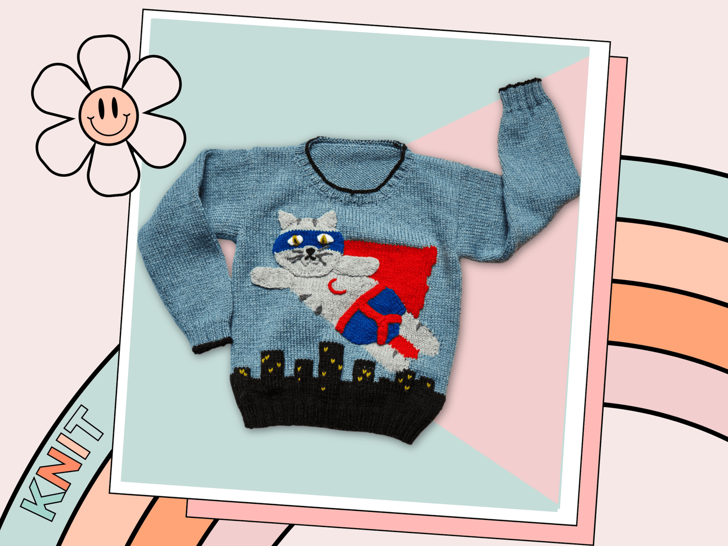 Frank the Super Cat, Kids Superhero Sweater - Knitting Pattern - GarmentsJane Burns Designs