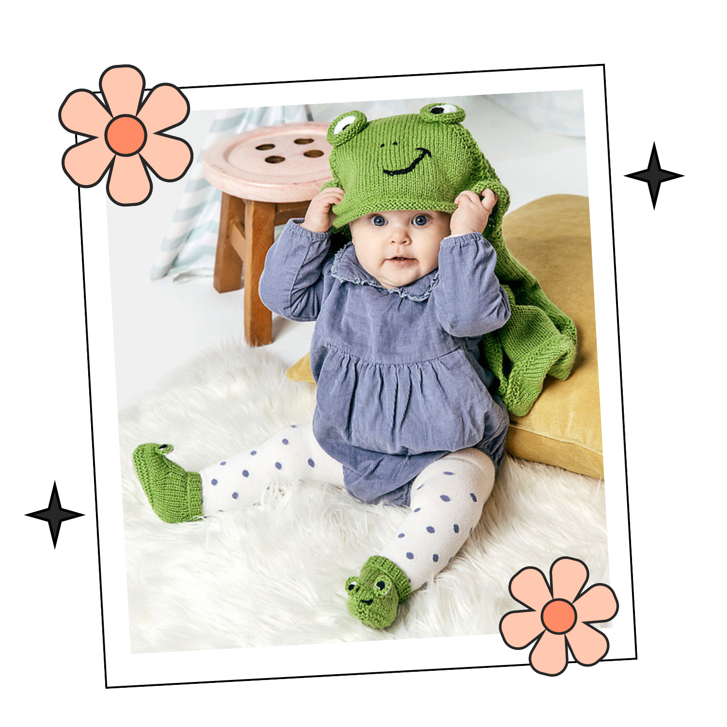 Ribbit Ribbit Frog Hooded Blanket and Baby Bootees Knitting