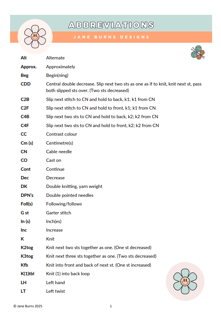Free Knitting Abbreviations Guide – Essential Reference for All Jane Burns Patterns
