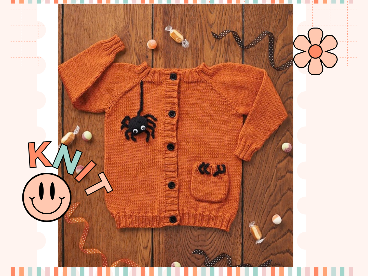knitting pattern for easy kids cardigan, halloween spider cardigan for kids, knitting pattern by jane burns, halloween costume,