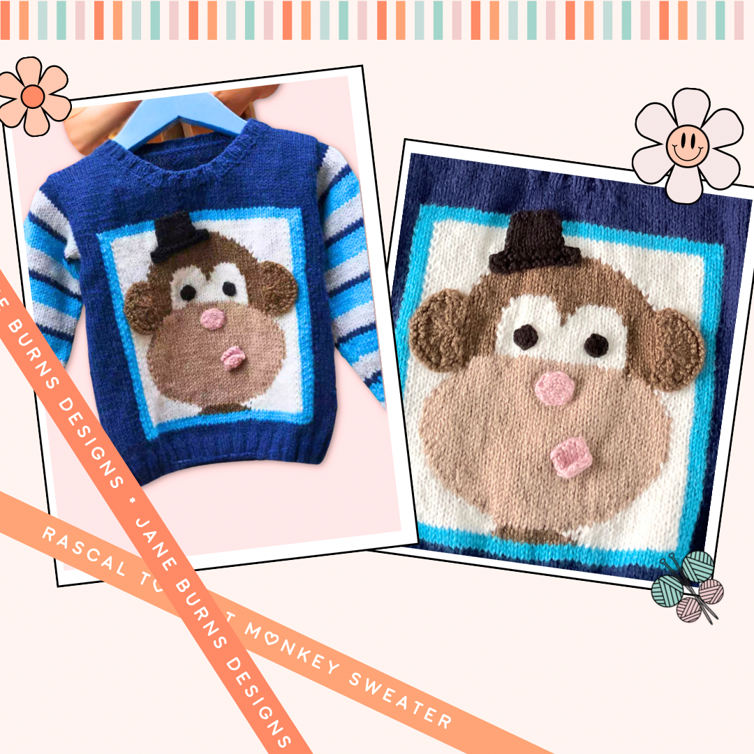 rascal jumper, cheeky monkey motif pullover knitting pattern. large top hat wearing monkey motif on the front of a childs sweater knitting pattern download