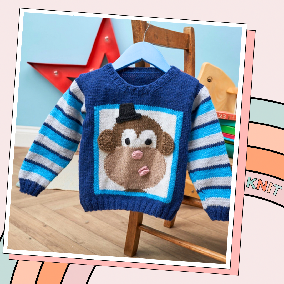 rascal jumper, cheeky monkey motif pullover knitting pattern. large top hat wearing monkey motif on the front of a childs sweater knitting pattern download