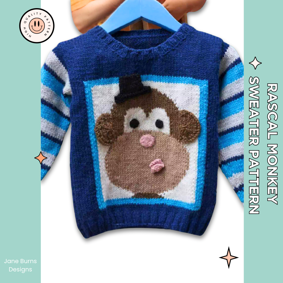 rascal jumper, cheeky monkey motif pullover knitting pattern. large top hat wearing monkey motif on the front of a childs sweater knitting pattern download