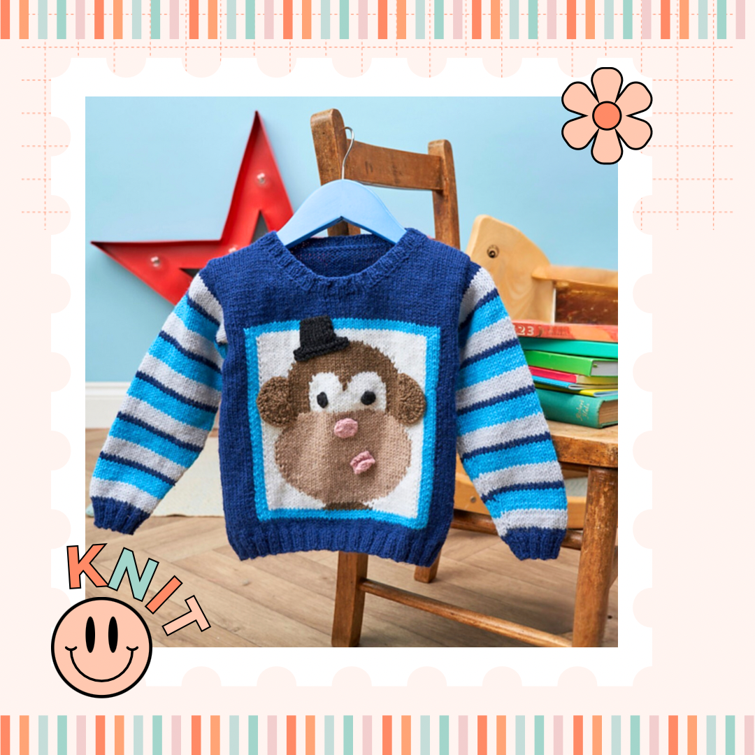 rascal jumper, cheeky monkey motif pullover knitting pattern. large top hat wearing monkey motif on the front of a childs sweater knitting pattern download