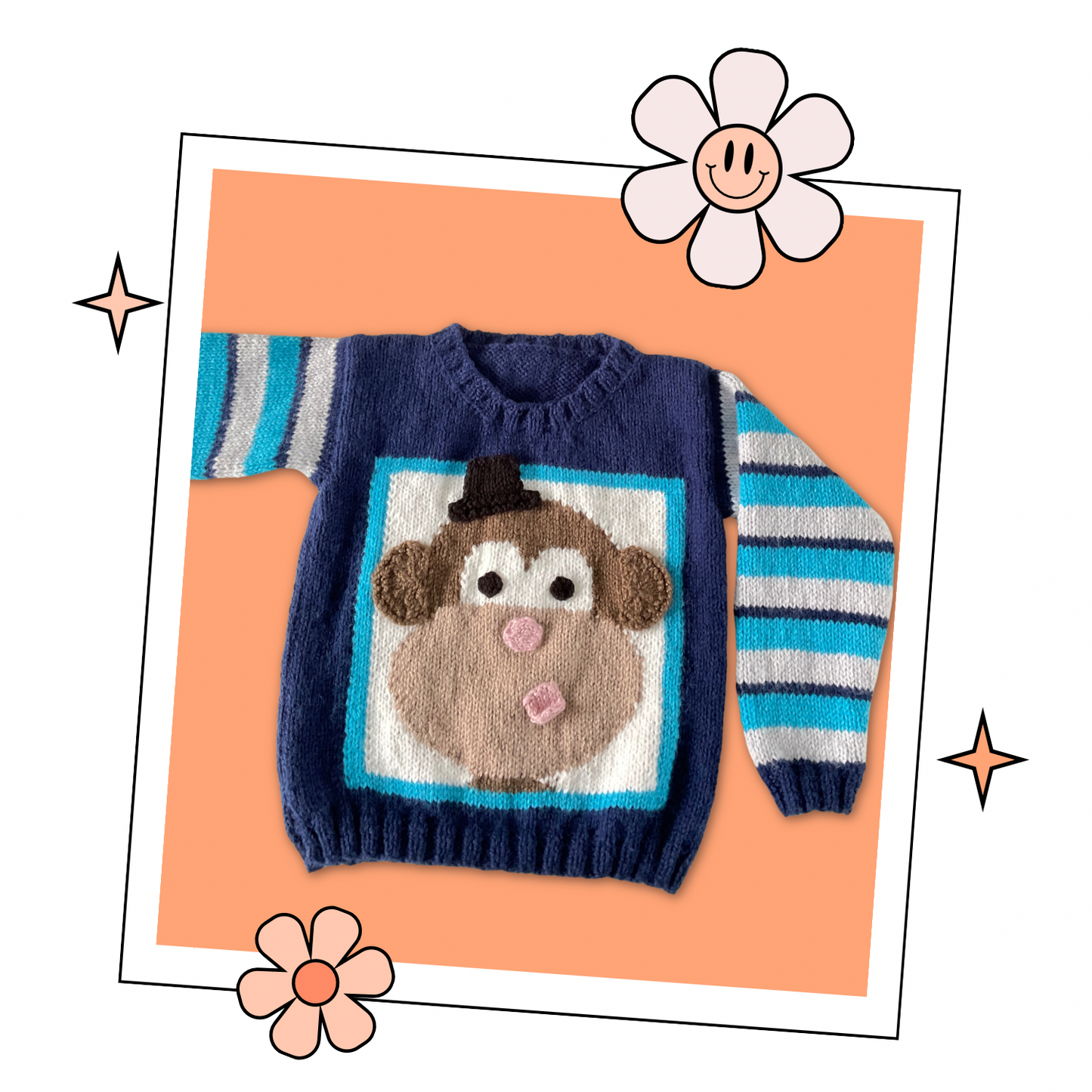 rascal jumper, cheeky monkey motif pullover knitting pattern. large top hat wearing monkey motif on the front of a childs sweater knitting pattern download