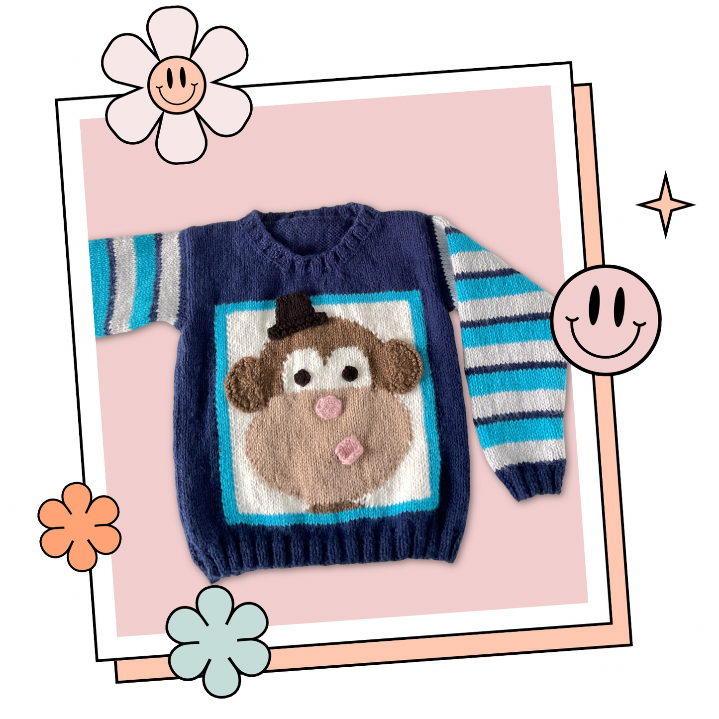 Rascal, Kids Monkey Motif Jumper, Fun Monkey Sweater Knitting Pattern - DOWNLOAD