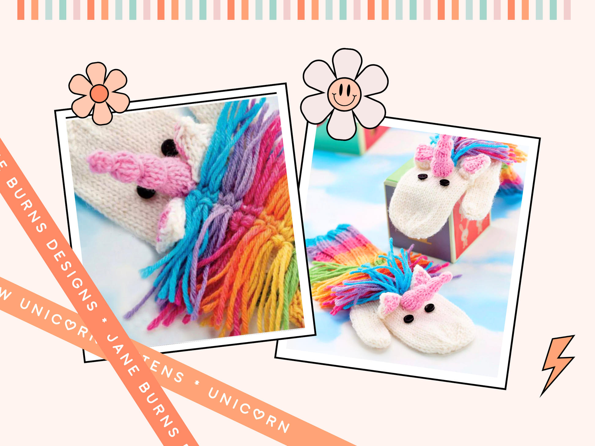 unicorn mittens with rainbow mane knitting pattern for childrens mittens jane burns