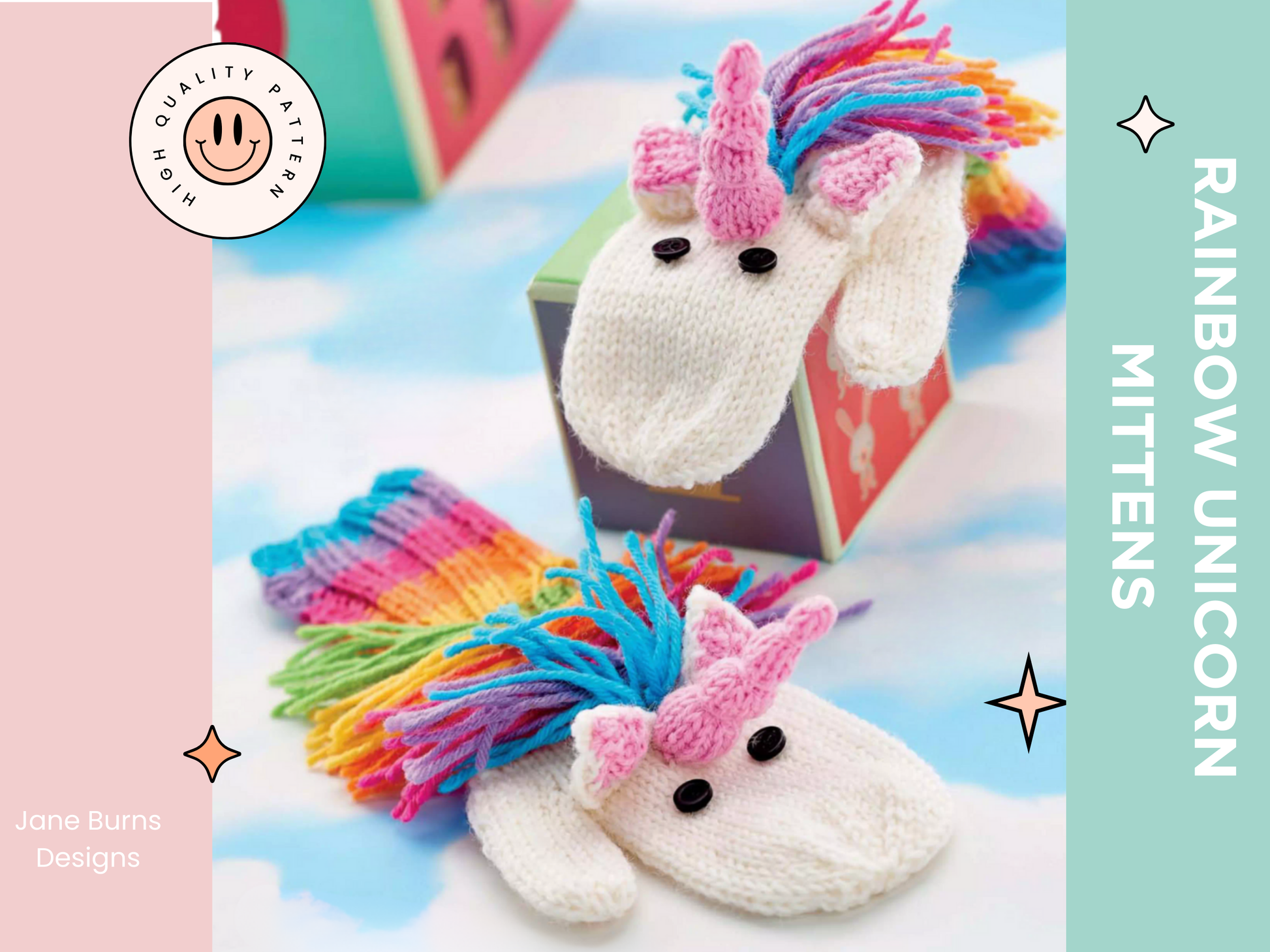 unicorn mittens with rainbow mane knitting pattern for childrens mittens jane burns