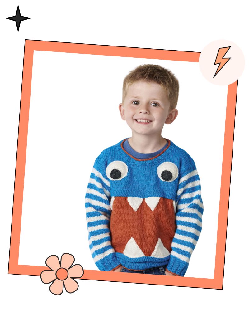 Kids monster applique jumper, blue and white stripe sleeves, King Cole Merino Blend DK