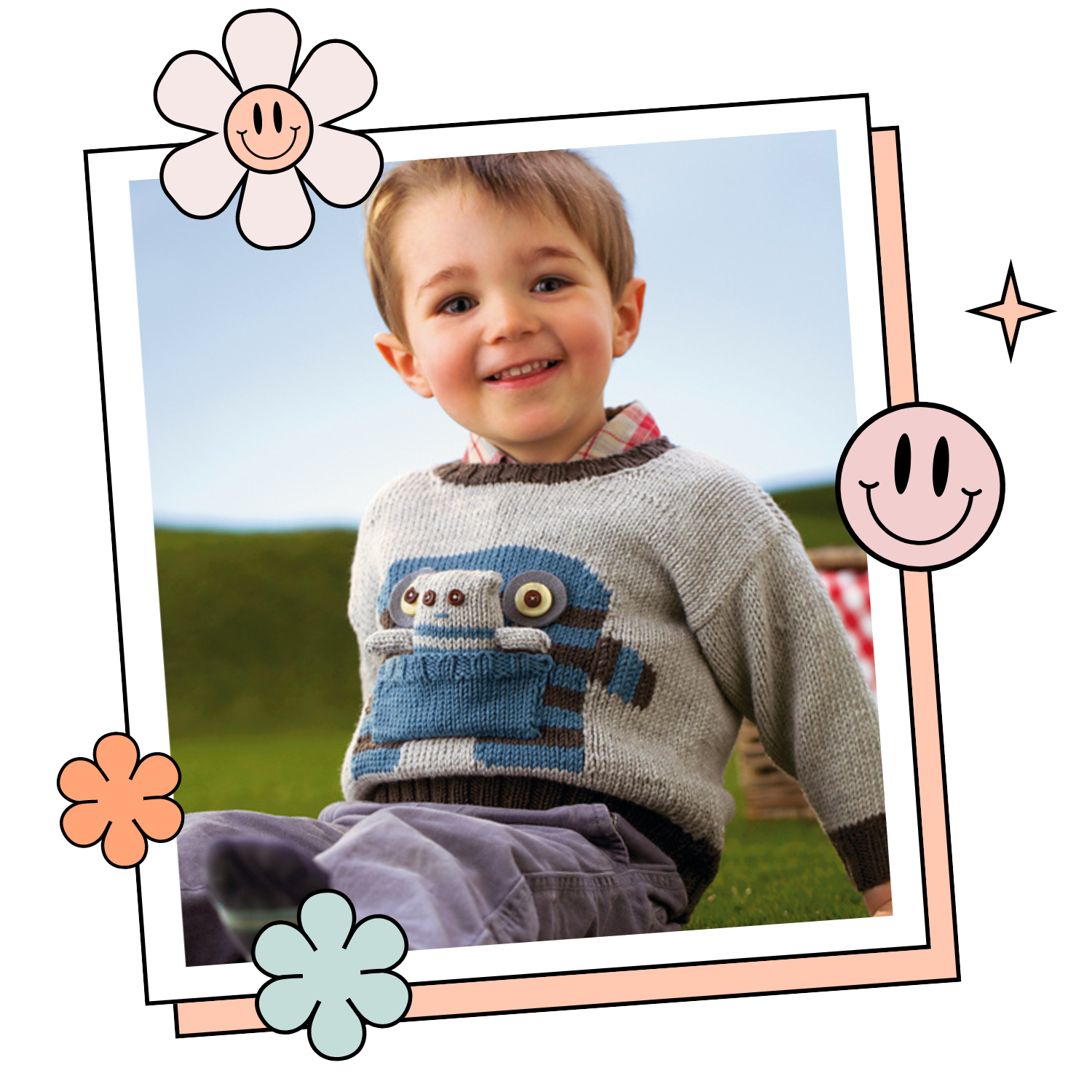 monster motif jumper with large pocket mouth and matching monster toy knitting pattern jane burns