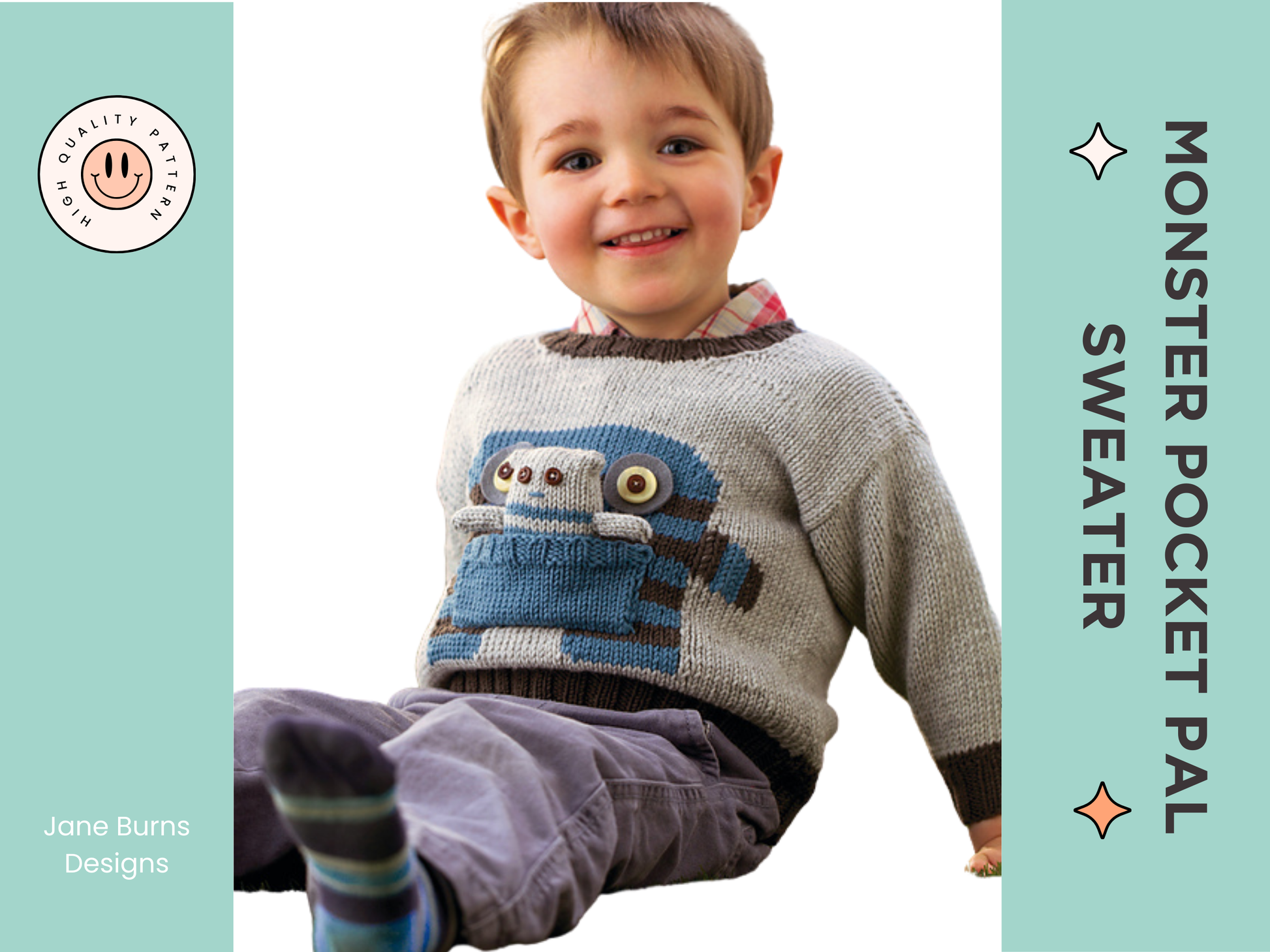monster motif jumper with large pocket mouth and matching monster toy knitting pattern jane burns