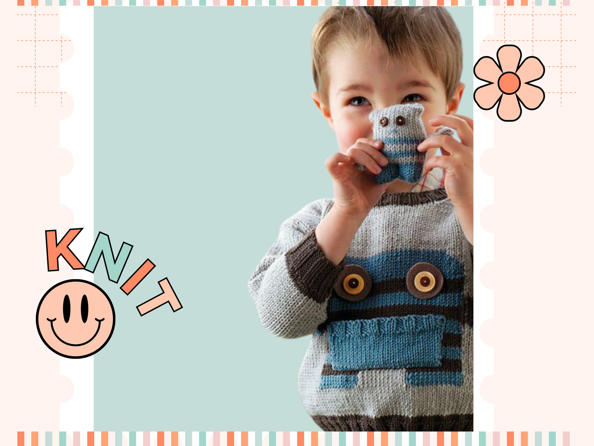 monster motif jumper with large pocket mouth and matching monster toy knitting pattern jane burns