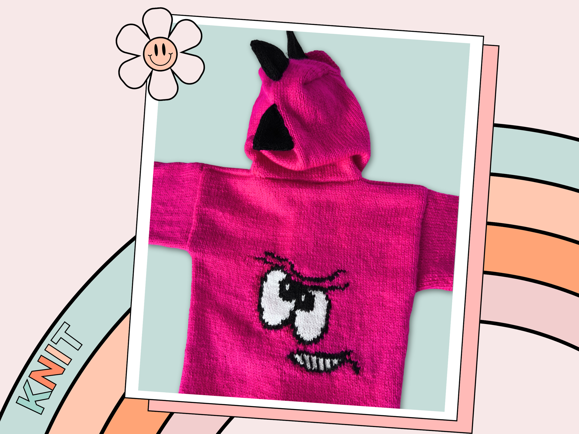 Pink knitted hoodie with cartoon face design on the back and black spikes on the hood, knitting pattern for kids hooded cardigan jane burns