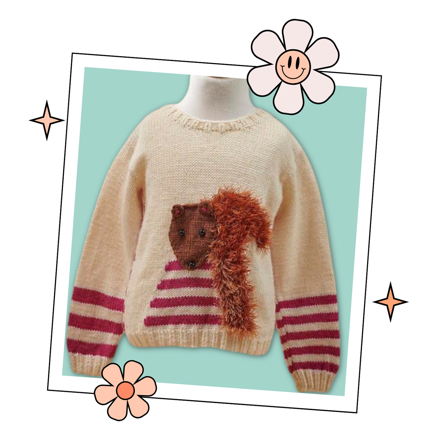 mr fluffy tail childs squirrel pullover jumper knitting pattern jane burns