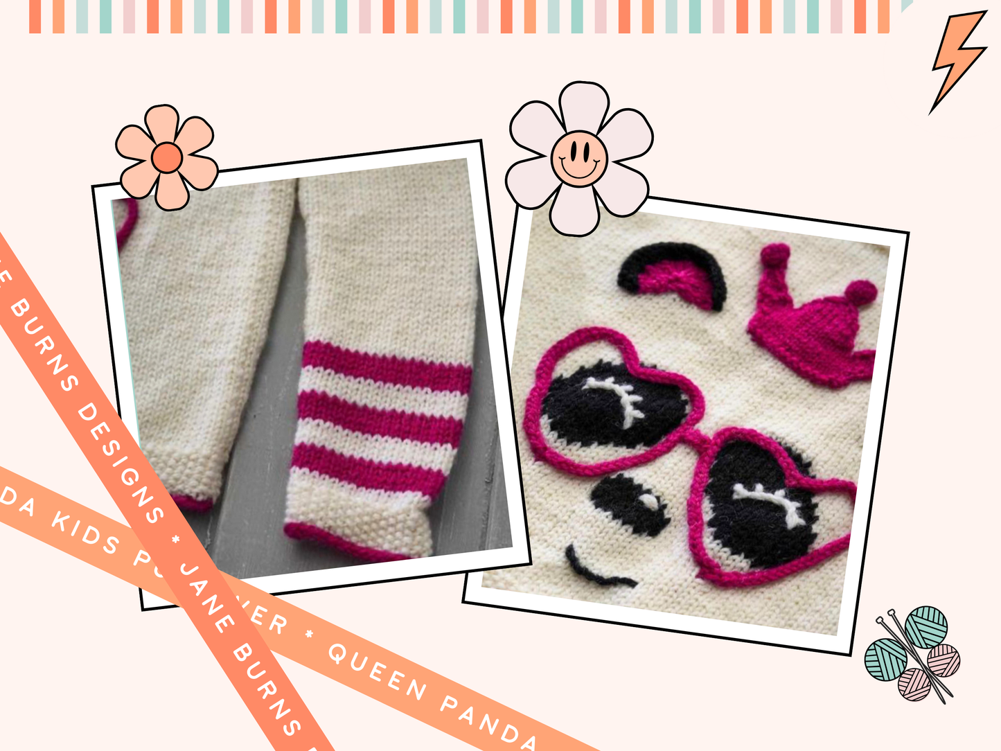 panda queen pullover, kids panda sweater with crown and love heart glasses knitting pattern
