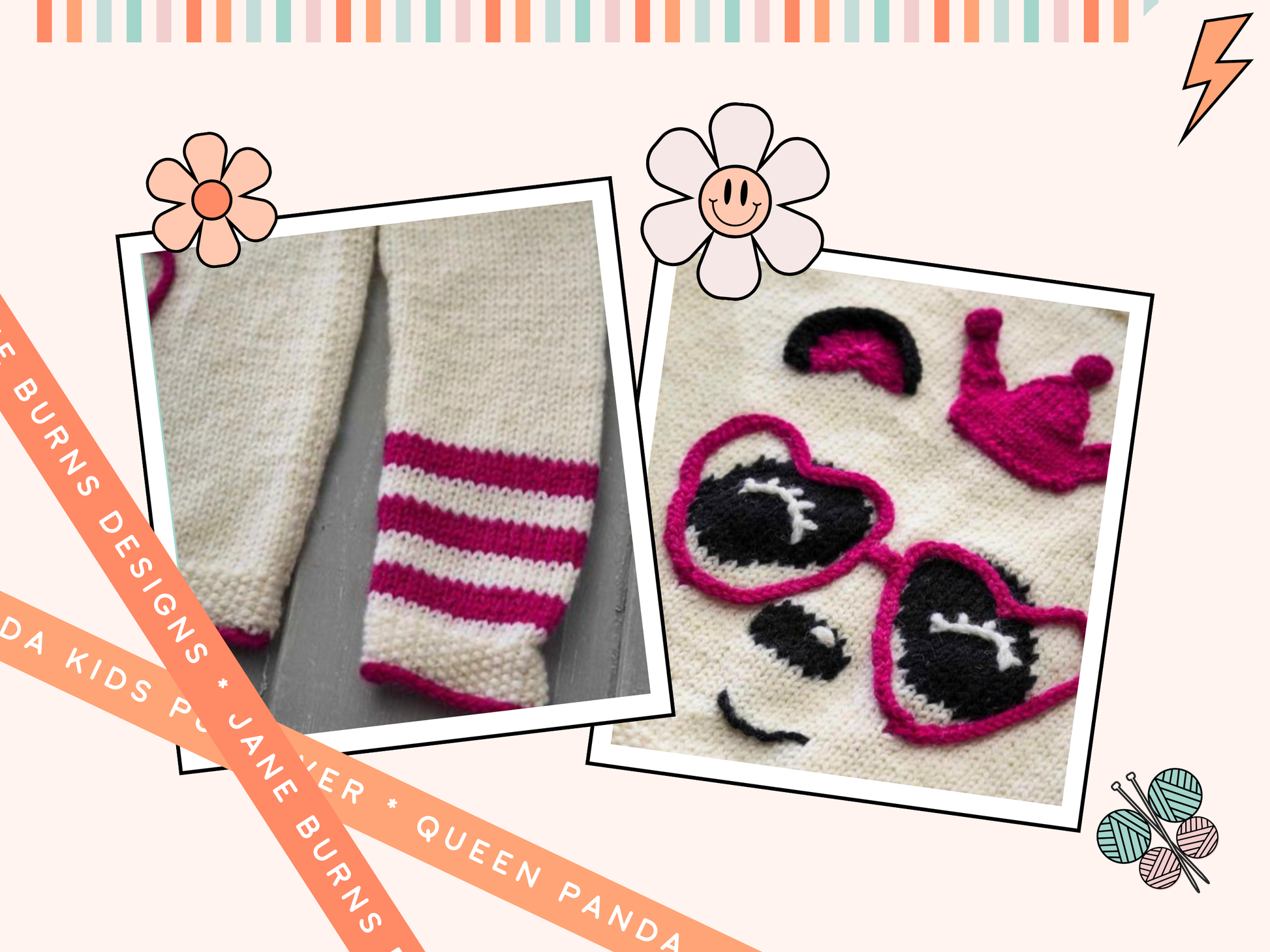 panda queen pullover, kids panda sweater with crown and love heart glasses knitting pattern