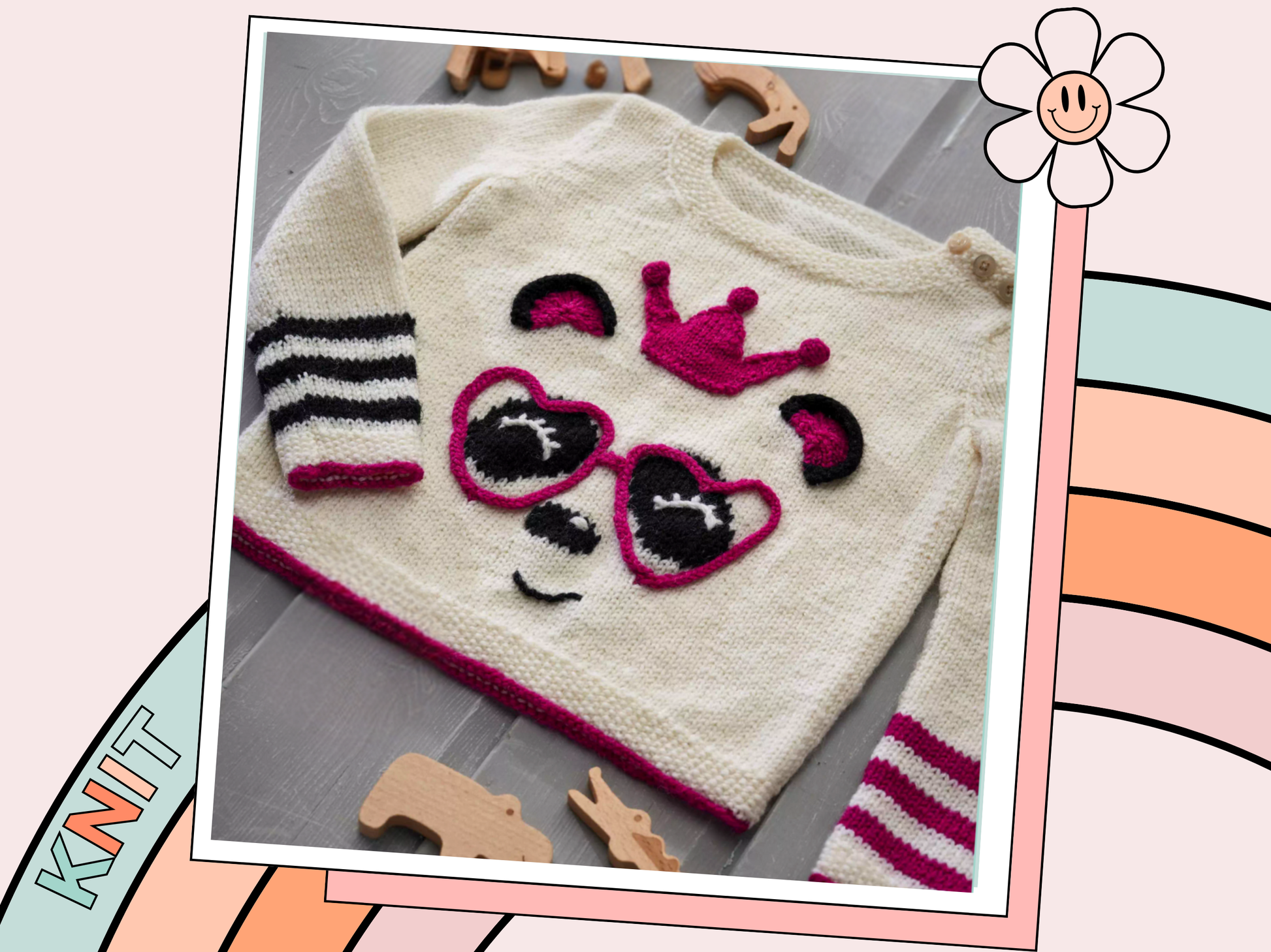 The perfect party ready pullover for the Panda loving Queen in your life.  Say hello to your little one’s new favourite jumper. Sized to fit ages 1-9 years please see table in image section for full yarn and sizing requirements.
The sweater is knit from the bottom up and seamed, there is a small chart included for the panda eyes and nose which you can either work using the intarsia method or duplicate stitch if you prefer. Lengths of i-cord are knitted and shaped to form those fabulous love heart glasses an